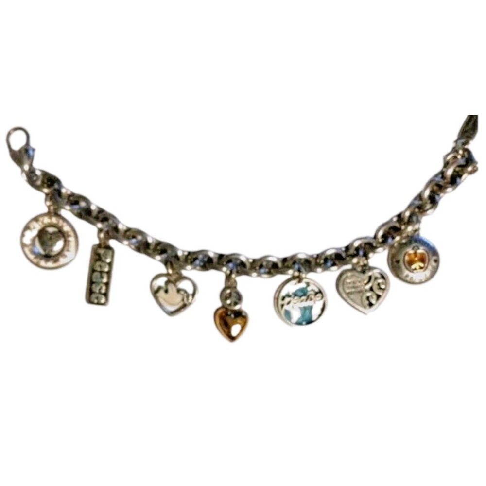 BRIGHTON Signed B Heart Silver Gold Tone Peace Charm Bracelet Enamel World Dove